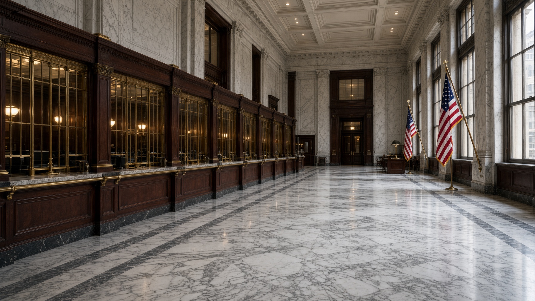 A grand marble bank lobby.